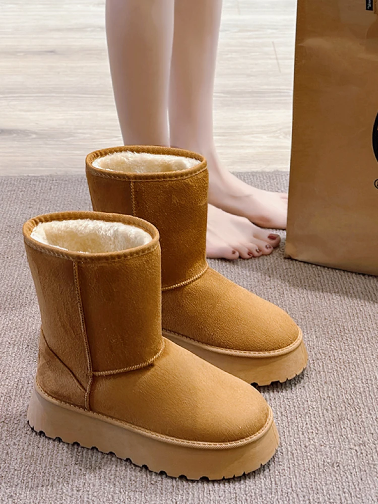 Women\'s Rubber Boots Australia Flat Heel Female Shoes Boots-Women Winter Footwear Round Toe Rain Snow Leather Mid-Calf Ladies 2