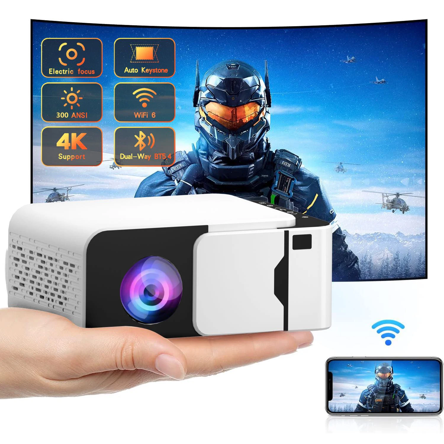 

Q6 300ANSI Android 13 Home Movie Projector,Dual Wifi6 BT5.4 Cinema Outdoor Portable Projetor