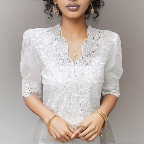 Imagen 2 del producto Verano bordado Puff manga Lino algodón mujer blusa primavera Casual blanco ahueca hacia fuera Tops camisa de manga corta