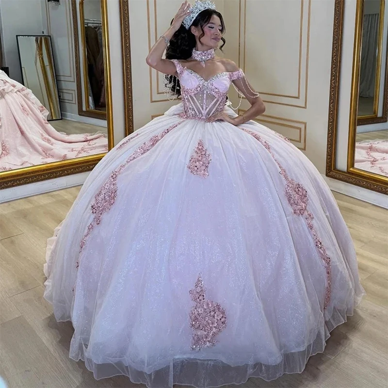 

Baby Pink Quinceneara Dress Organza With Embroidery Sequins Ballgown Princess Sleeveless Boatneck Customized Bow Vestido De Noch