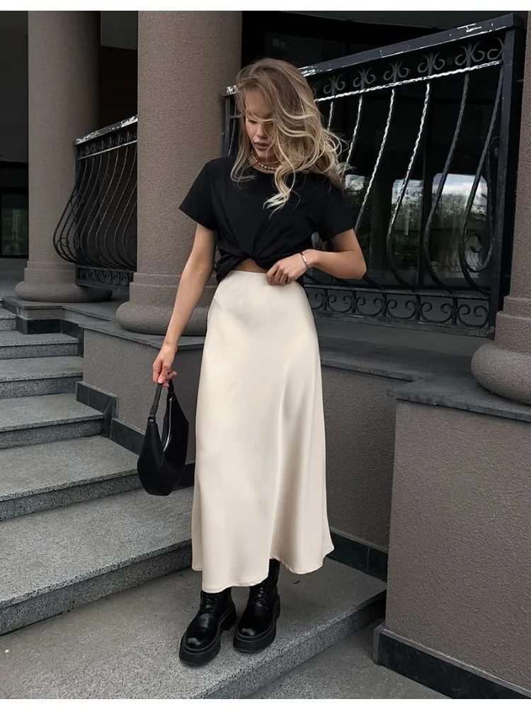 กระโปรงผ้าซาตินเนื้อนุ่มสำหรับผู้หญิง สีพื้น เอวสูง ทรงเอ พลีท ความยาวปานกลาง สไตล์ฝรั่งเศส เหมาะสำหรับใส่ทำงาน