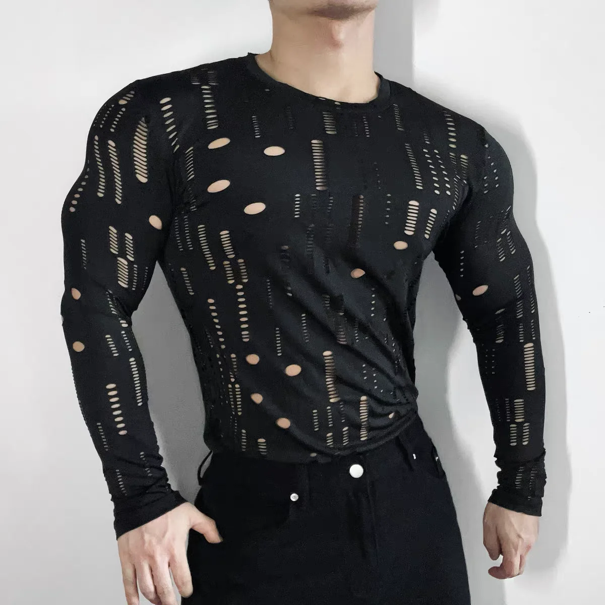 Original Design Personality Hollow out pole Tops Men Sexy Black Elastic long sleeve Shirt Stage show Dance Wear