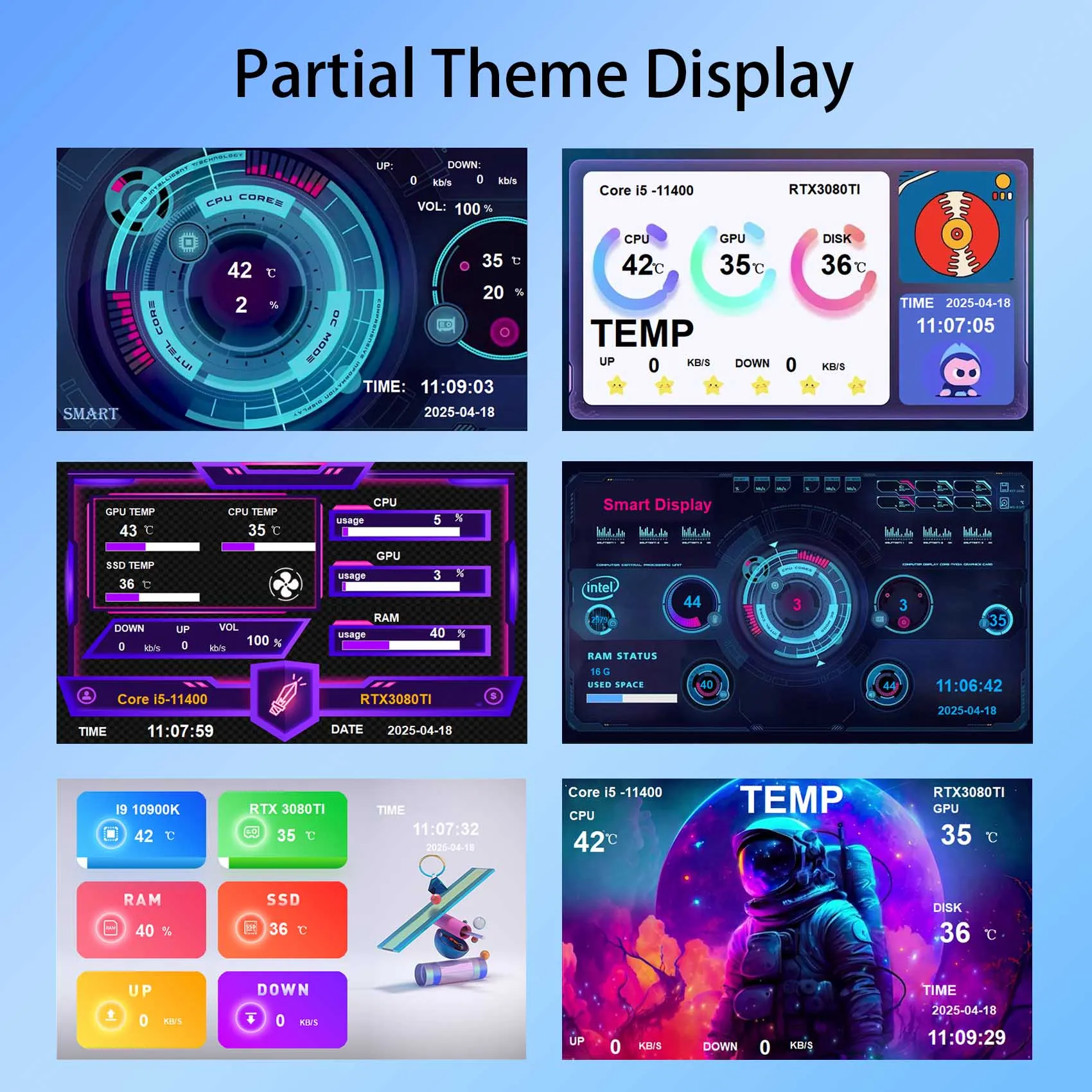 PC 케이스 CPU GPU 온도용 USB 유형 C 및 9핀 케이블이 포함된 5인치 실버 IPS LCD 모니터
