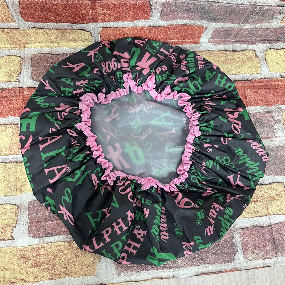 Alpha Pink and White Shower Cap Features Organization Name and Feminine Greek Letters