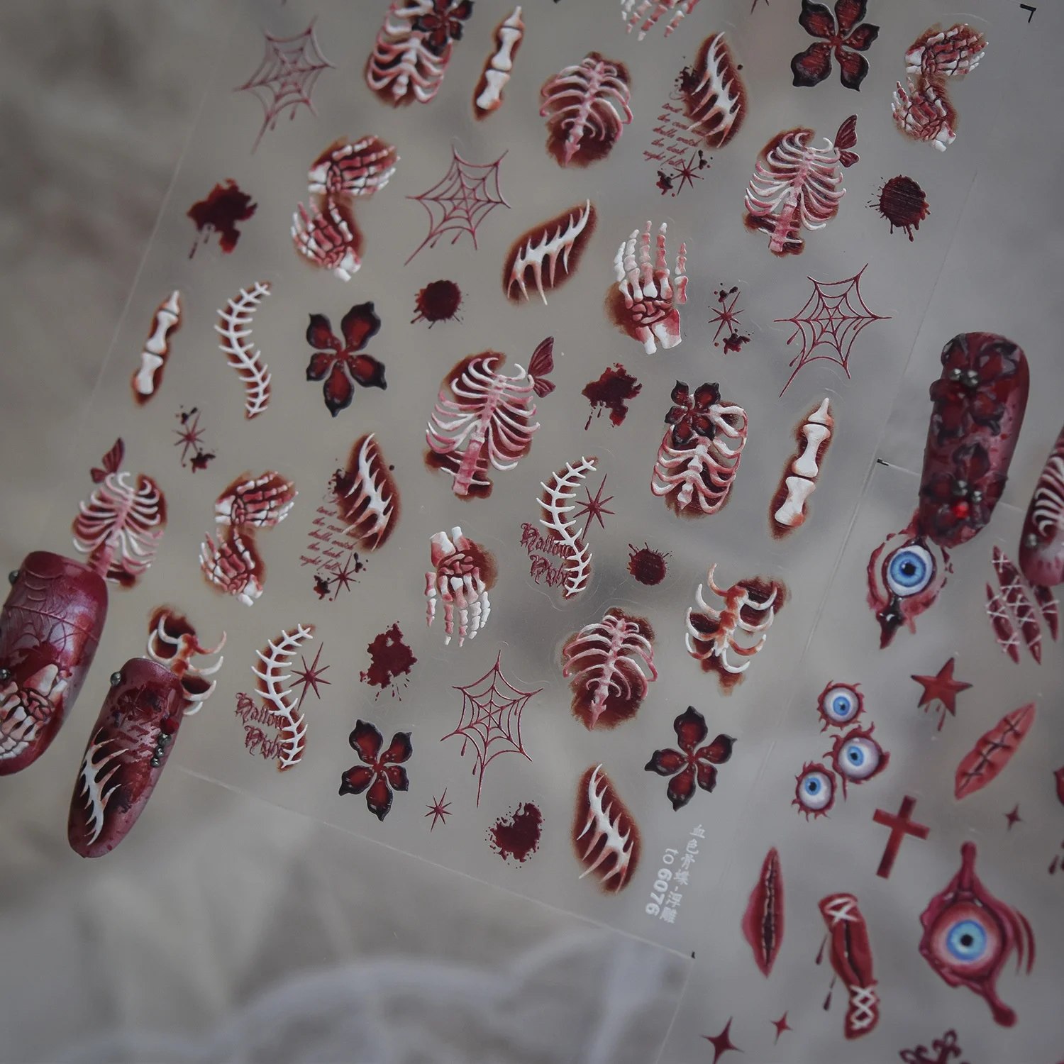 Horror Halloween Human Rib Hand Bone Spider Web Blood Stain Ink Splash Dark Red Flower 5D Self‑Adhesive Nail Decals Manicure