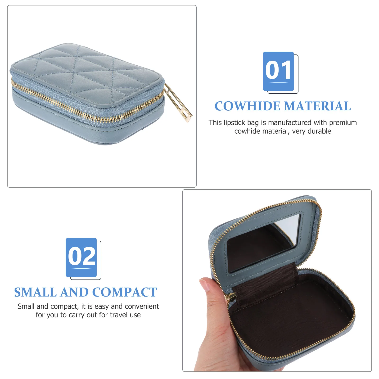 Estuche de espejo tipo sobre para lápiz labial, bolsa de maquillaje para mujer, bolso protector de cuero de vaca, maquillaje de viaje con organizador