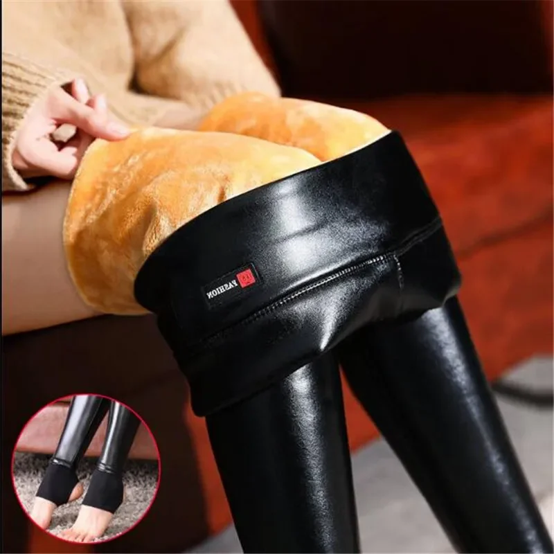 Winter Extra Thick PU Shiny Leather Pants for Women No Splitting High-Waisted Slimming Trousers Plus Size Long Leggings Pants