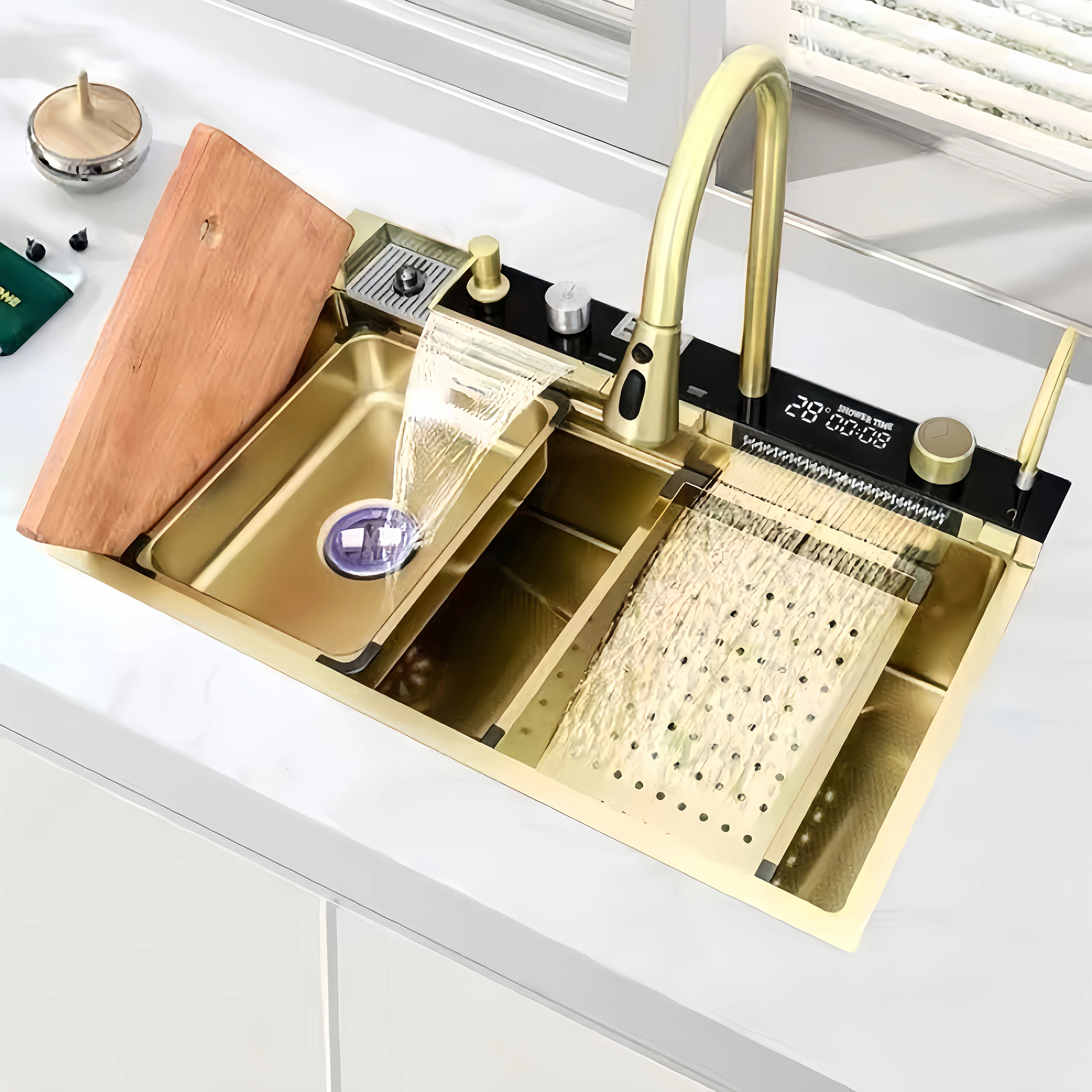 Luxury Workstation Kitchen Sink – Stainless Steel Undermount with Adjustable Partitions, Waterfall Faucet & Pull-Out Sprayer