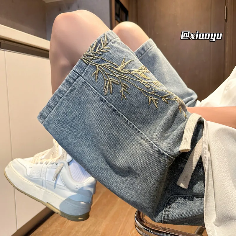 Summer New Embroidery Straight Casual Shorts Men Women Wide Leg Hip-hop Fashion Youth Streetwear Denim Shorts Blue/Black/White