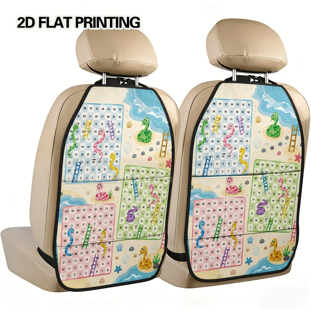 2D Flat, 2pcs Beach Snakes And Ladders Pattern Adjustable Car Kick Mats & Car Seat Back Organizer, Foldable Elastic Band Pockets