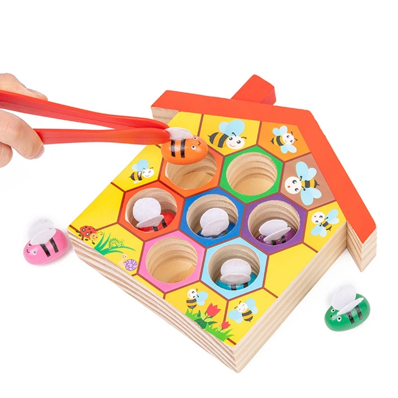 Wooden Toys Color Cognition Clip Beads Matching Clamp Bee House Trap Game Early Educational Toys Gift For Children