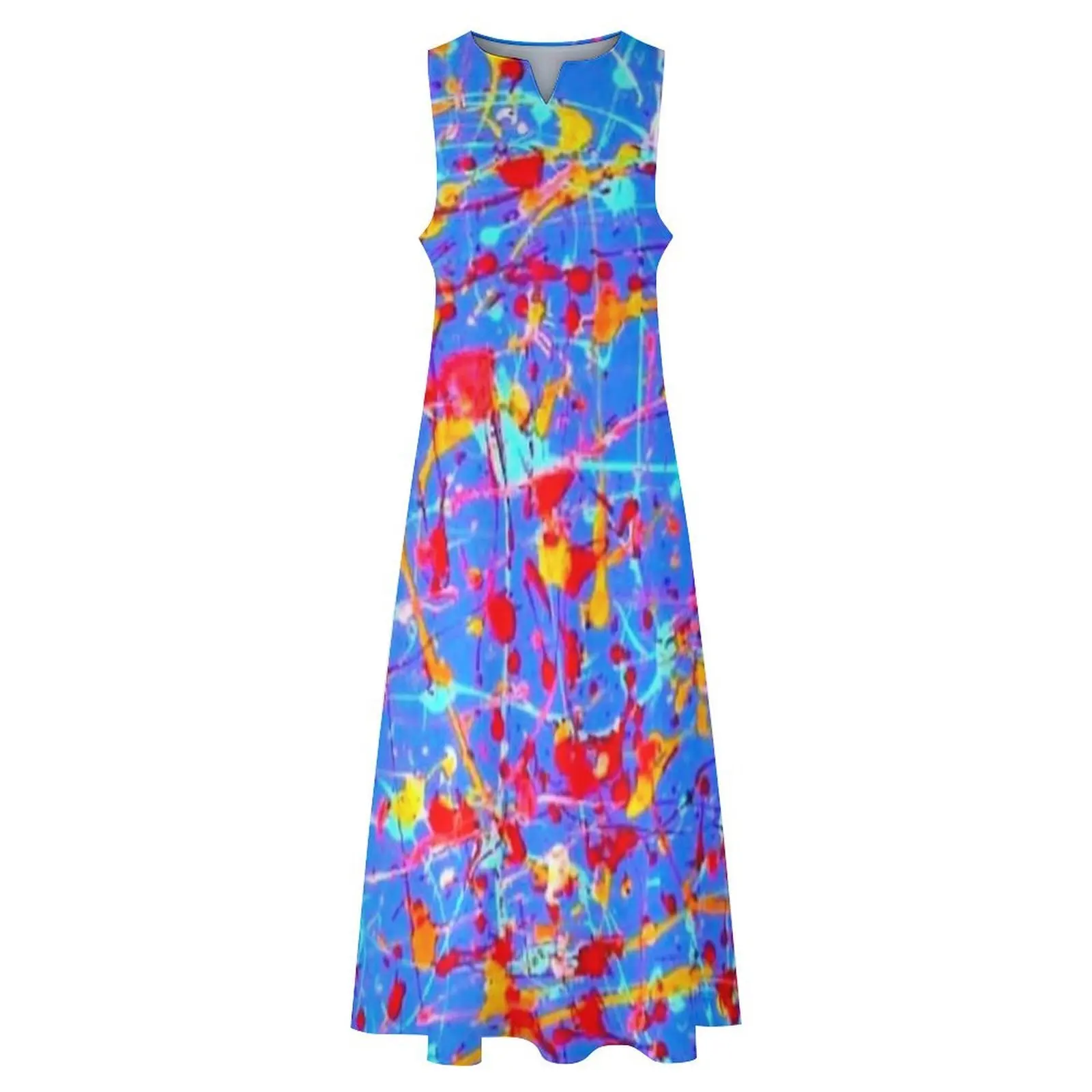 Blue Abstract Splash Print Dress  Vintage Maxi Dress Sleeveless Custom Casual Long Dresses Street Fashion Oversized Clothes