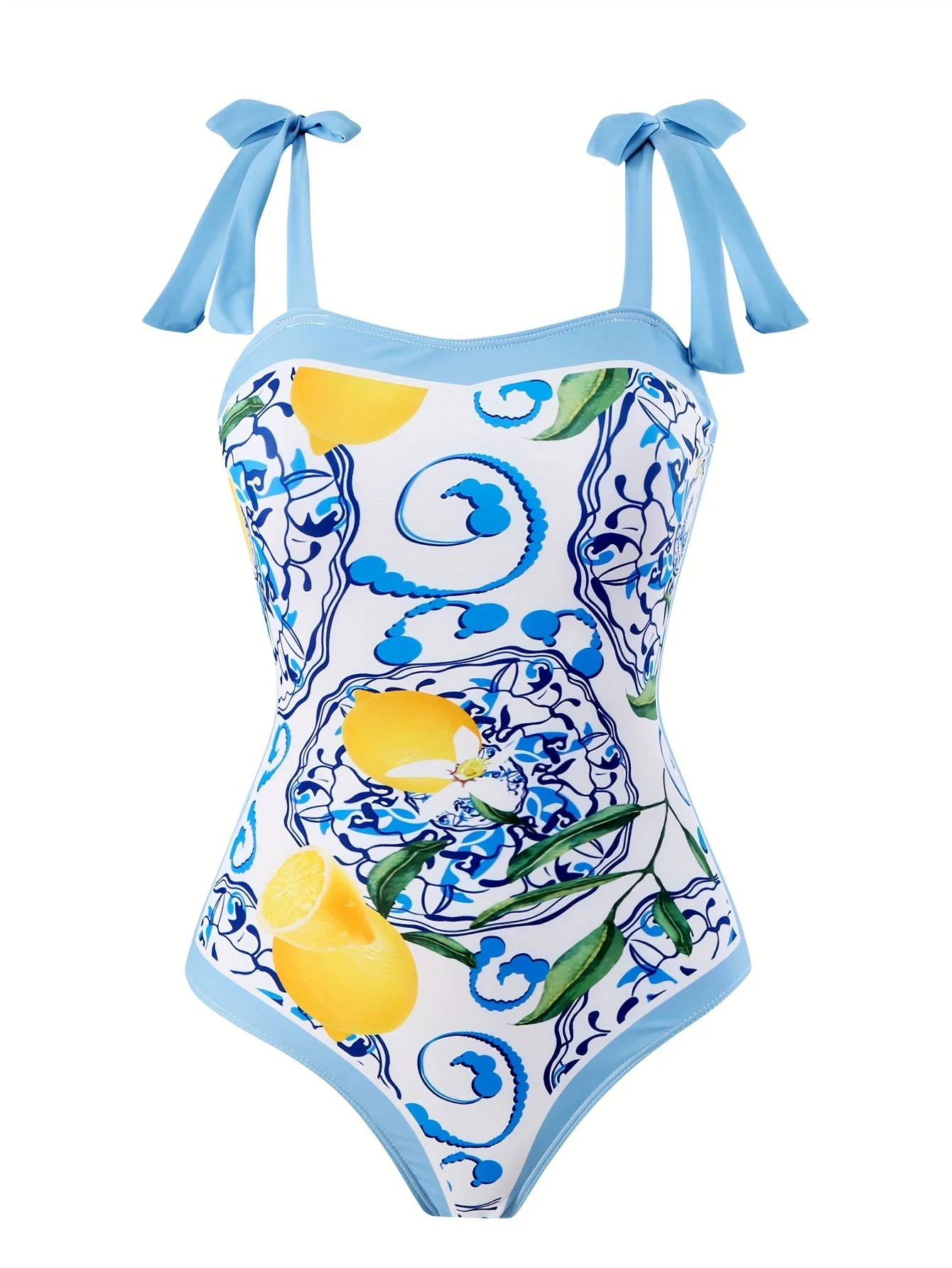 Women's One-Piece Swimsuit, Sky Blue Ethnic Style Printed Two-Piece Swimsuit, Beach Vacation Mesh Skirt, Half-Skirt Apron, Outer Skirt