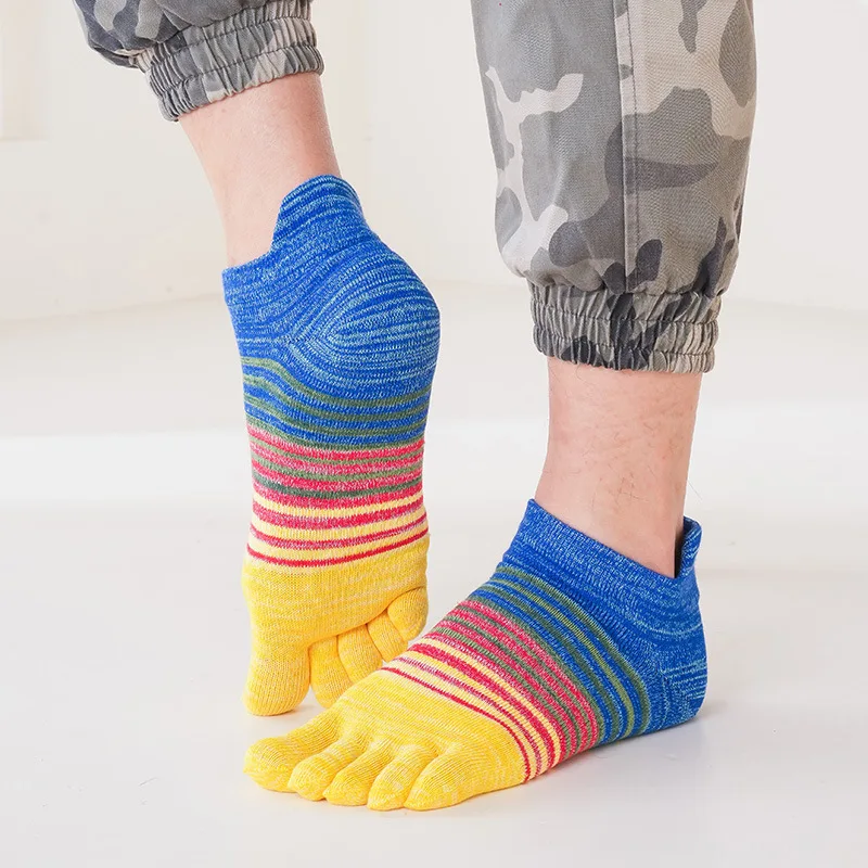 Vintage 5 Finger Socks Man Cotton Striped Colorful Candy Color Anti-Bacterial Breathable Ankle Boat Toe Sport Socks 4 Seasons