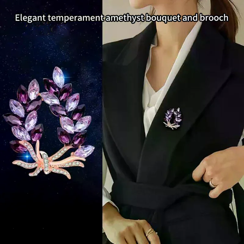 Elegant Rhinestone Purple Flower Brooch Classic Luxury Business Suit Pin For Women Girls Versatile Brooch Clothing Accessories