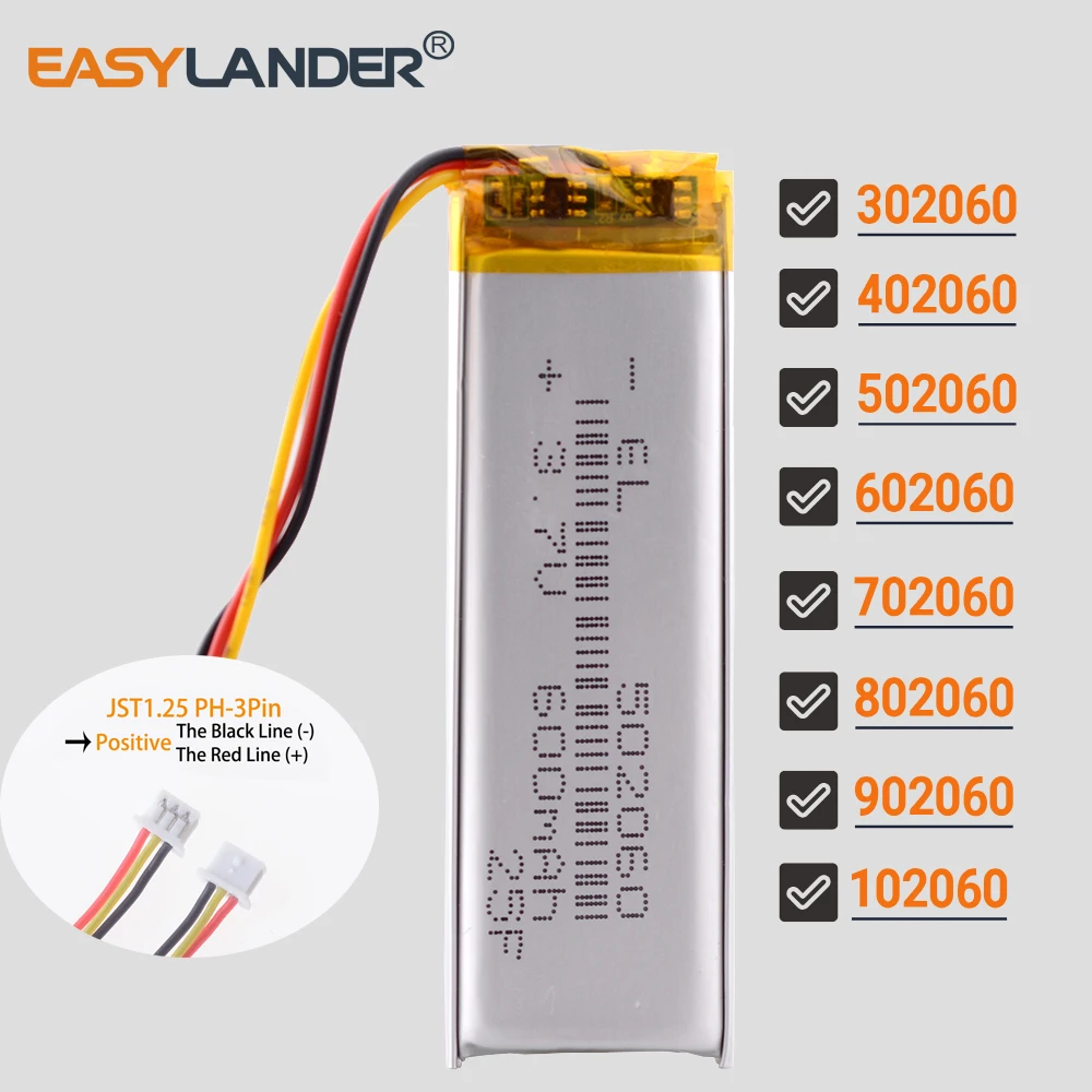 Image of JST1.25 3P 602060 3,7 V 800 mAh Lithium Li-Ion Lipo Polymer Akku 302060 502060 402060 702060 802060 902060 102060