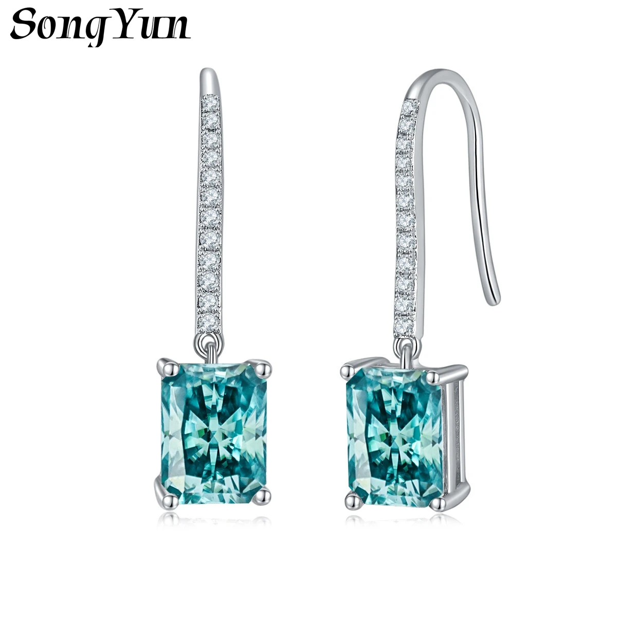 SONGYUN Moissanite Diamond Jewelry 925 Sterling Silver 18K Gold Plated Fashion Earrings 6×8mm Radiant Cut Teal Green Moissanite