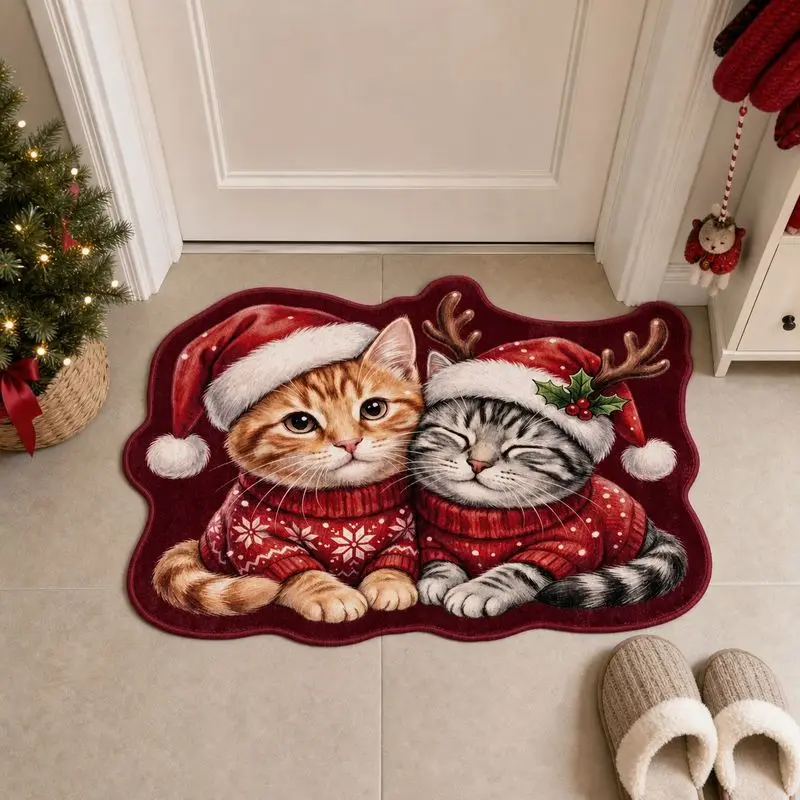 VIKAMA Christmas Cats Doormat Two Kittens Santa Hat Reindeer Antler Irregular Shape Non Slip Soft Flannel Floor Rug Xmas Holiday