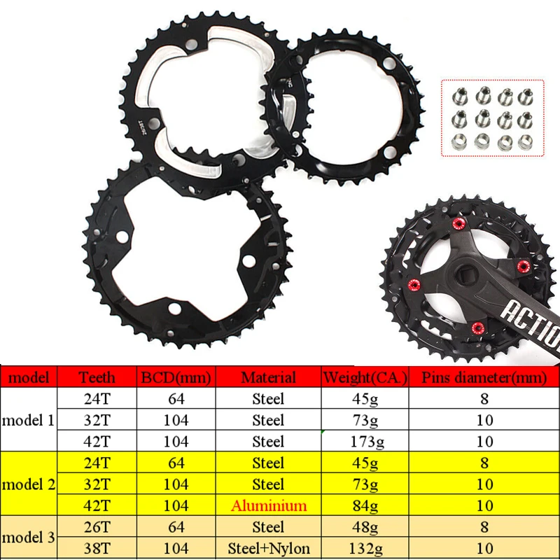 JIANKUN 104/64 BCD Bicycle Crankset 24T 26T 32T 38T 42T Bike Chainring 2*10 3*10speed Bouble/triple Crank Set Mtb Crankset