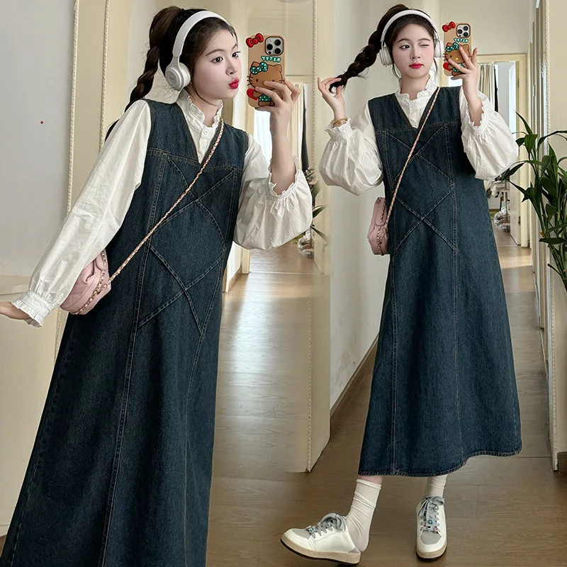2025 Denim Pregnancy Set Autumn Chambray Shirt Pinafore Dress Two Piece Outfit Stylish Comfortable Chic Maternity Wear