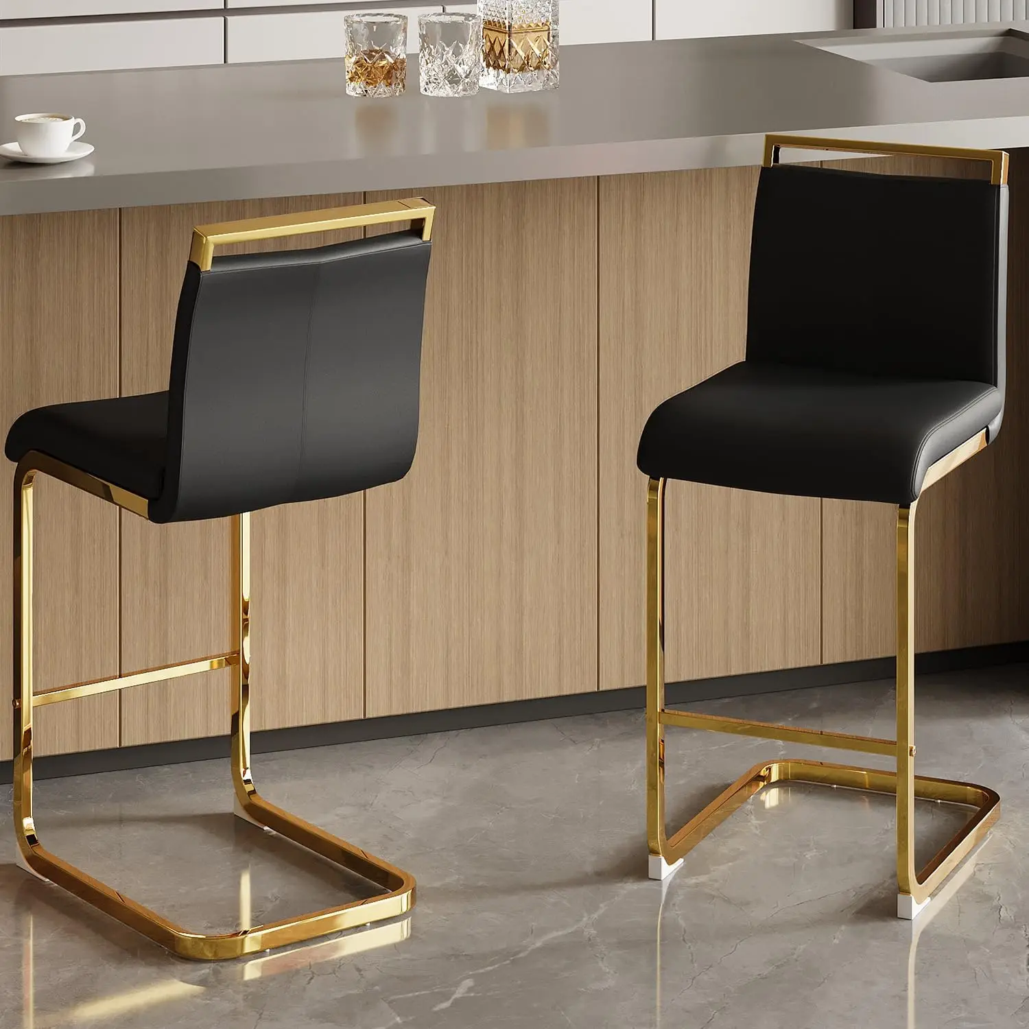 

Counter Height Bar Stools Set of 2, Black Faux Leather with Gold Chrome Legs, Back Support for Kitchen or Pub