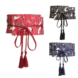 Exquisite Women Kimono Belts Japanese Hand-Embroidered Waist Band Wide Belt Bow Tie Wrap Waistband for Dresses