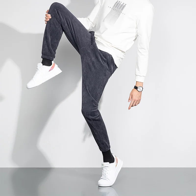 Men's Fleece-Lined Corduroy Casual Pants Easy-care Anti-pilling Fabric Trousers Black Black Gray Elastic Cuffs Adjustable Waist