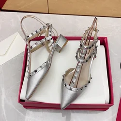 Women's Sandals Summer 2026 Luxury Brand Women's Shoes Hollow Ankle Strap Leather Rivets Slingbacks Fashion Ladies Shoes Women