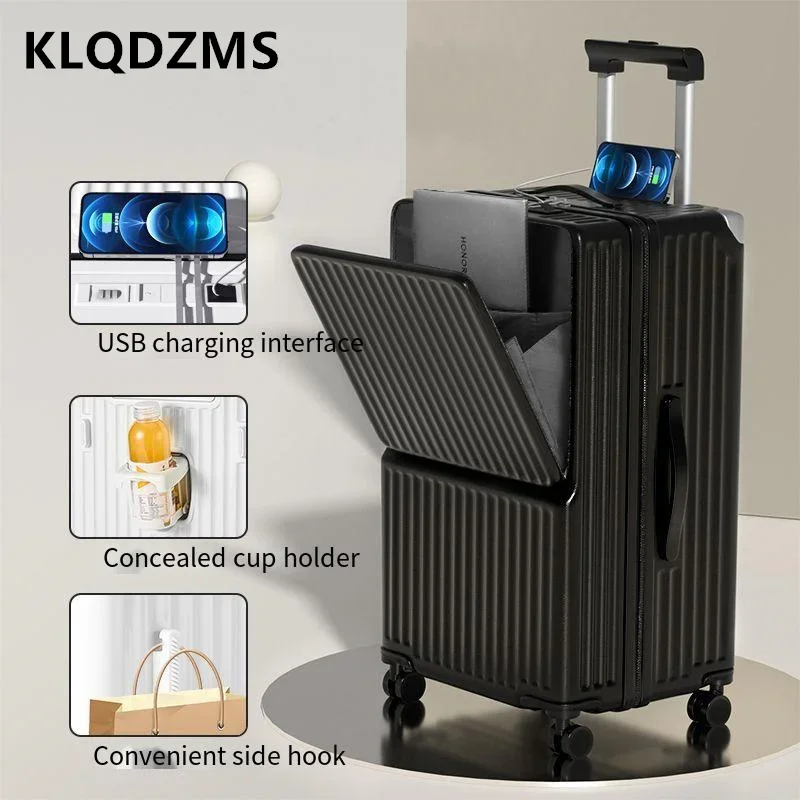 KLQDZMS Luggage on wheels ABS+PC front opening laptop trolley case 24"26"28"30 inch cart travel bag USB charging suitcase