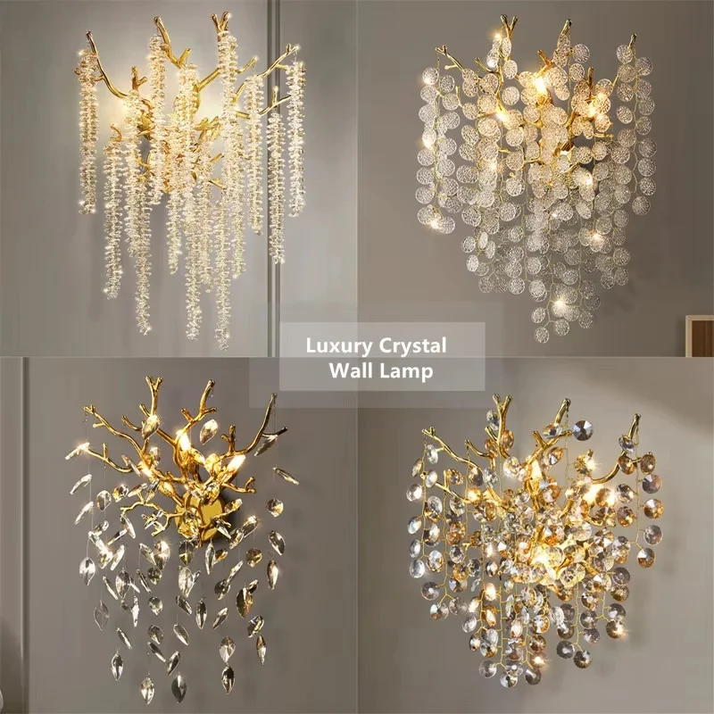 

Modern Luxury Crystal Wall Lamp Living Room Bedroom Bedside Lamp Background Wall Villa Home Indoor Lighting Decoration LED Light
