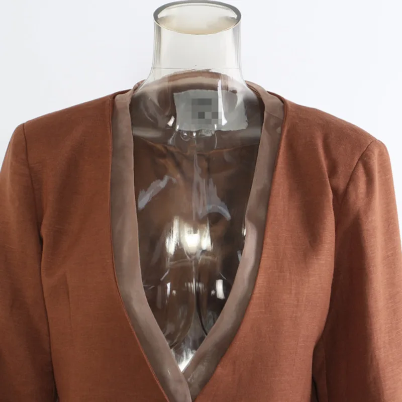 FANAN Leinen Elegante Kontrast Farbe 2-teiliges Set frauen V-ausschnitt Gespleißt Design Blazer + hohe Taille Gerade Hosen 2025 herbst Neue