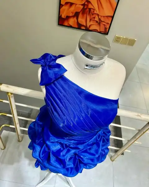 Real Image Royal Blue Pleated Organza One Shoulder Ruched Women Dresses To Party With Cute Bow Mini Party Dress