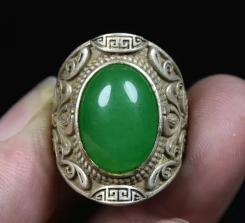 

Chinese personality fashion national style collection silver inlaid jade lily carved green jade flower ring