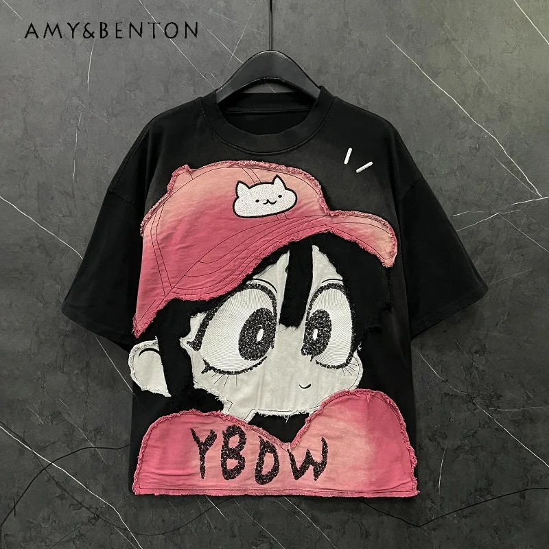 

2026 Spring Summer Heavy Industry New Cartoon Hat Little Girl Short Sleeved Tshirt Women's Loose Casual Versatile Short Top Tees