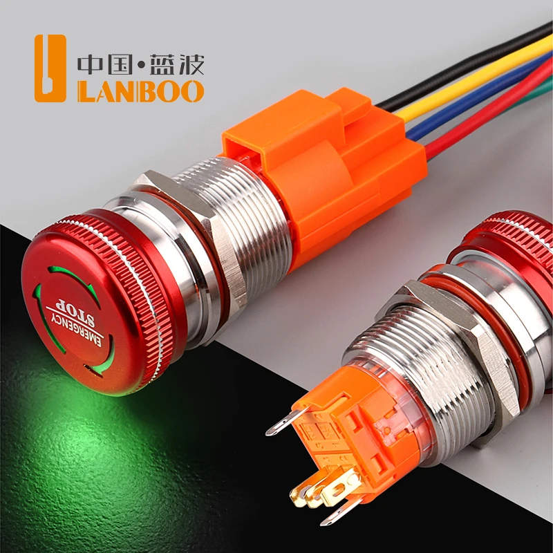 LANBOO 19mm 22mm 2NO2NC  Metal Emergency STOP Mushroom Push Button Switch Latching Button Switch with LED 24V