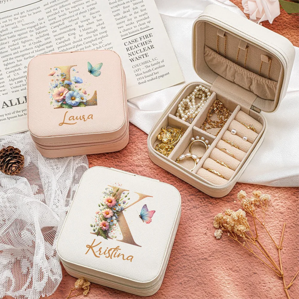 1pc Customized Name Letters PU leather Jewelry Box for Women Travel Portable Earrings Rings Storage Organizer Wedding Gifts
