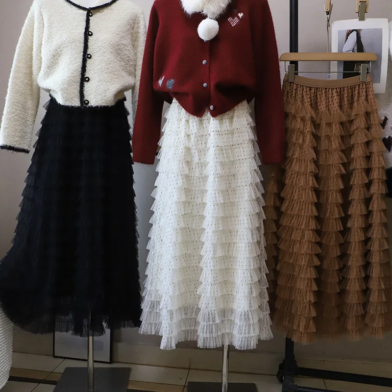 폴카 도트 미 스커트 여성용 A라인 스커트 봄 프렌 퍼프 레이어드 스커트 한국 스타일 하이 웨이스트 케이크 스커트