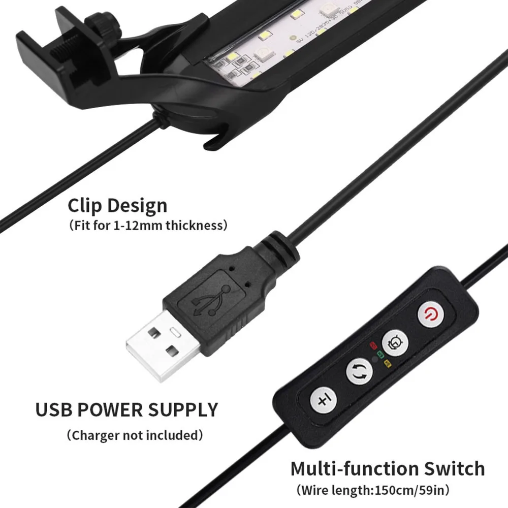 Timing Function Aquarium LED Lights USB Powered Adjustable Brightness Fish Tank Light Clip Full Spectrum Plant Light Fish Tank