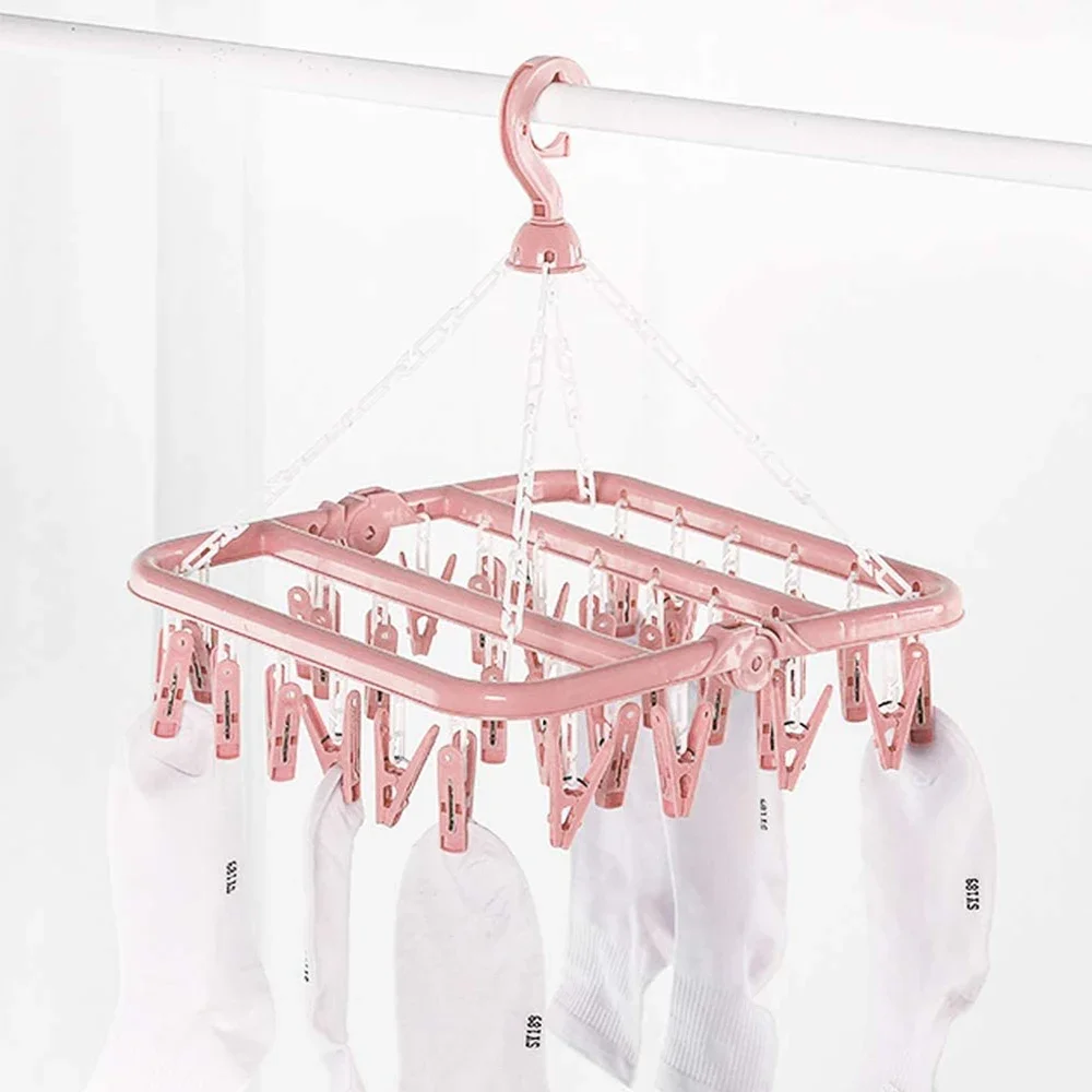 Foldable Laundry Hangers Socks Drying Hanger with 32 Clips Socks Underwear Rack Multifunctional Hanging Drying Rack