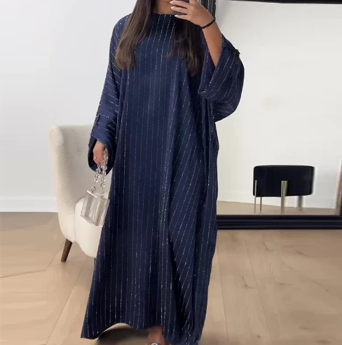 Plus Size Women\'s Dress Elegant Fashion Casual Solid Color Round Neck Bat Long Sleeve Glitter Design Loose A-line Long Dress