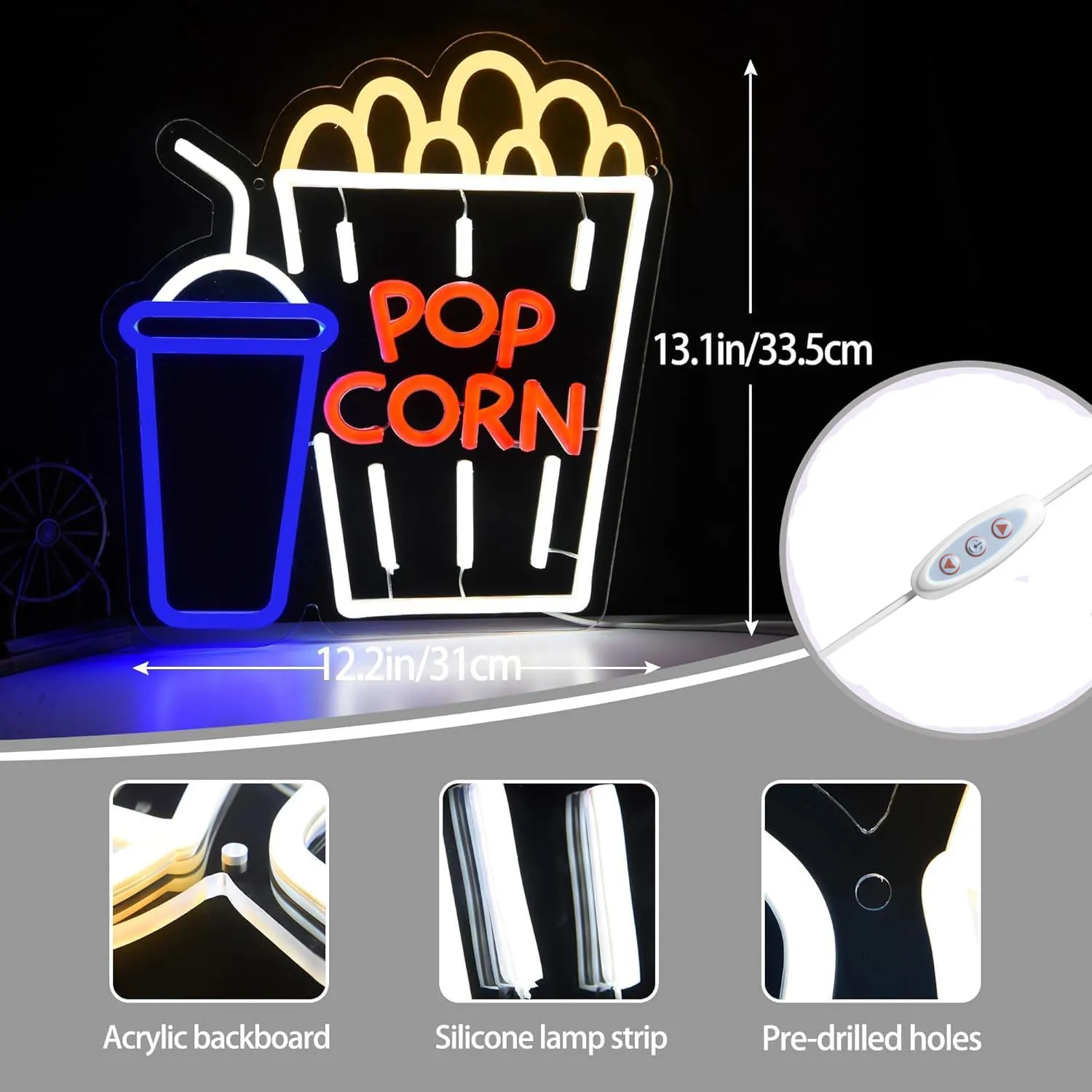 Popcorn Drink Neon Sign LED Wall Art USB Powered Movie Snack Glow Lamp Cinema Theme Decor Home Theater Bar Party Shop Light
