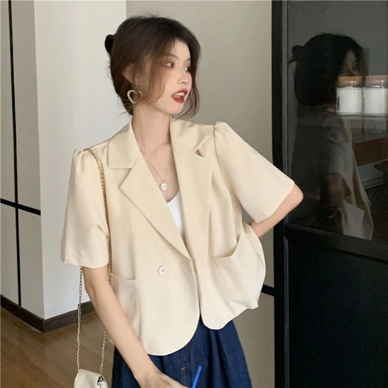 Lucyever Summer Korean Cropped Blazers Women 2023 Solid Color Short Sleeve Outwear Woman All-Match Office Suit Jacket Ladies