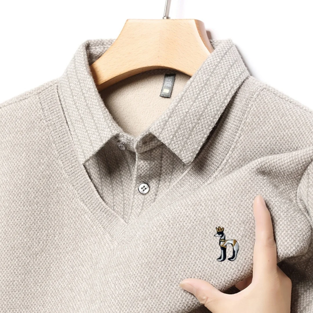 Fake Two Pieces Winter Business Casual Pullover Hot Sales Men's Knit Sweater New Warm Lapel Thicken Design Quality Men's Wear
