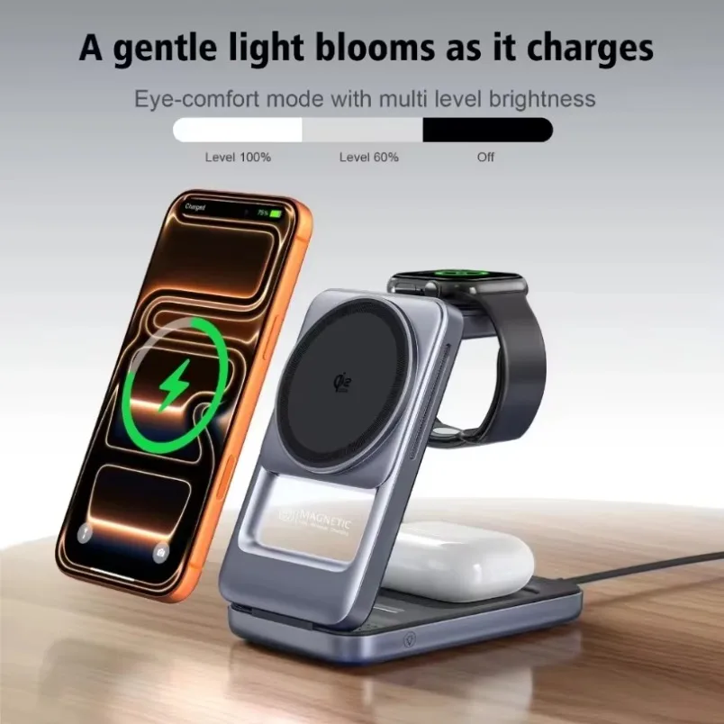 Wireless Charging Station 3 in 1 Magnetic Fast Charger Dock 25W Qi2.2 Foldable Ultra-Thin for Phone Smart Watch Earbuds Pad