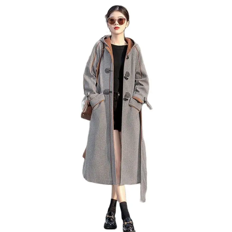 

2022 Autumn And Winter New Ladies Fashion Long Sleeve Loose Coat Temperament Hooded Loose Slim Houndstooth Long Coat Female Tide