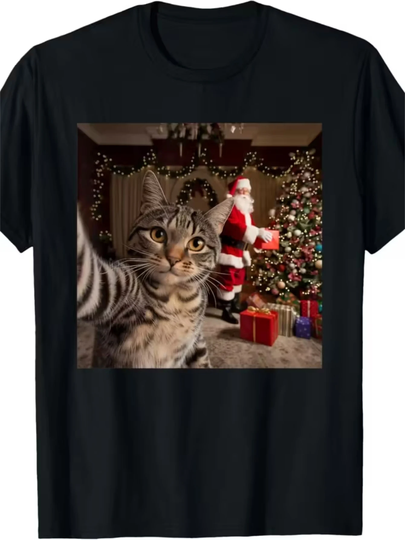 Plus-size T-shirt - 'S & 'S Christmas Cat Selfie with Tabby Cat & Santa Claus T-Shirt - Cute Tabby Cat Selfie & Santa Print, Soft Stretch 100% Cotton Crew Neck Short Sleeve Tee, All-Season Casual Holiday Party Outfit (Black)