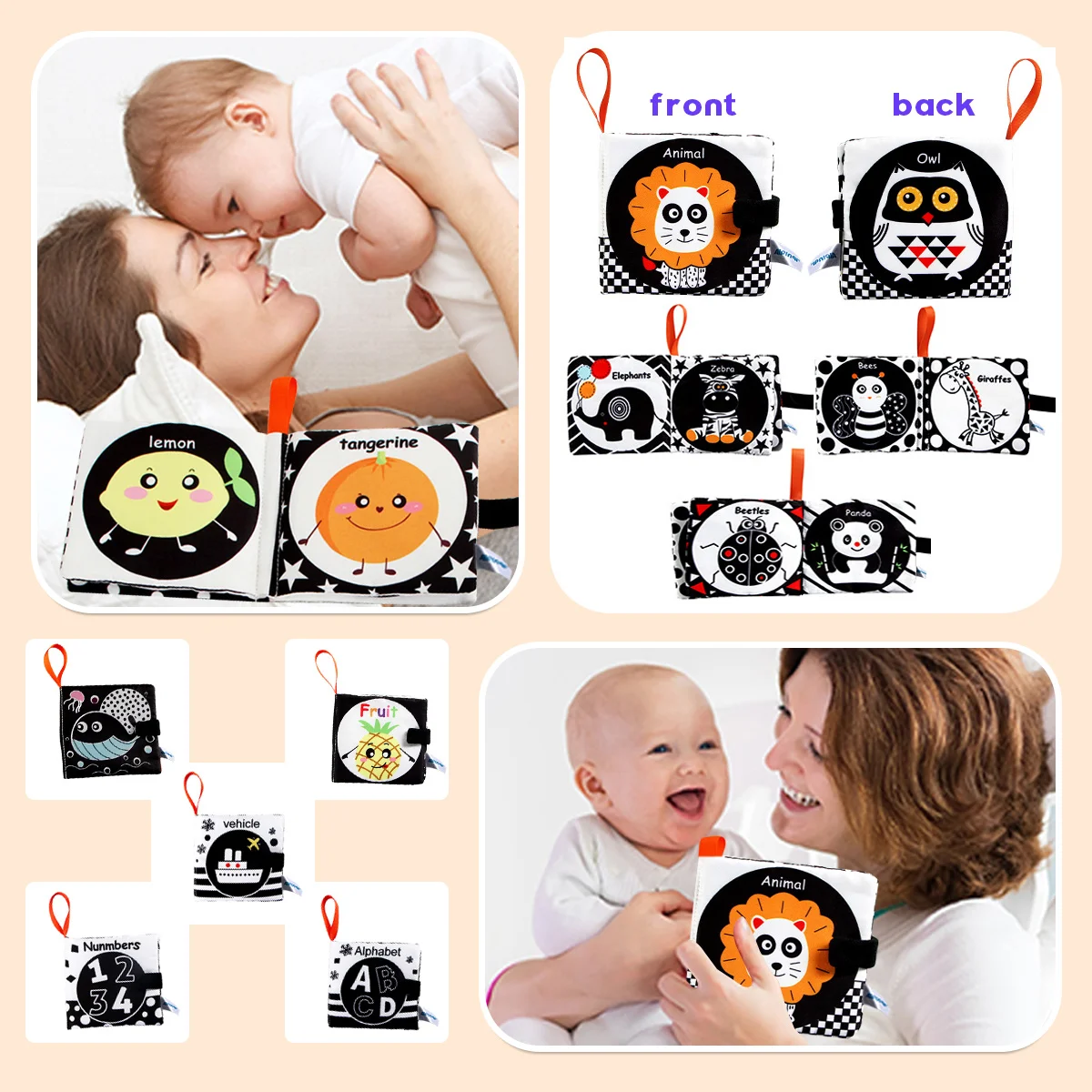 หนังสือผ้าเนื้อนุ่ม หนังสือเด็ก หนังสือผ้าสำหรับเด็กทารก เด็กวัยหัดเดิน ความคมชัดสูง สีดำและสีขาว ลวดลายย่น ซักได้ สำหรับการเรียนรู้ในวัยเริ่มต้น