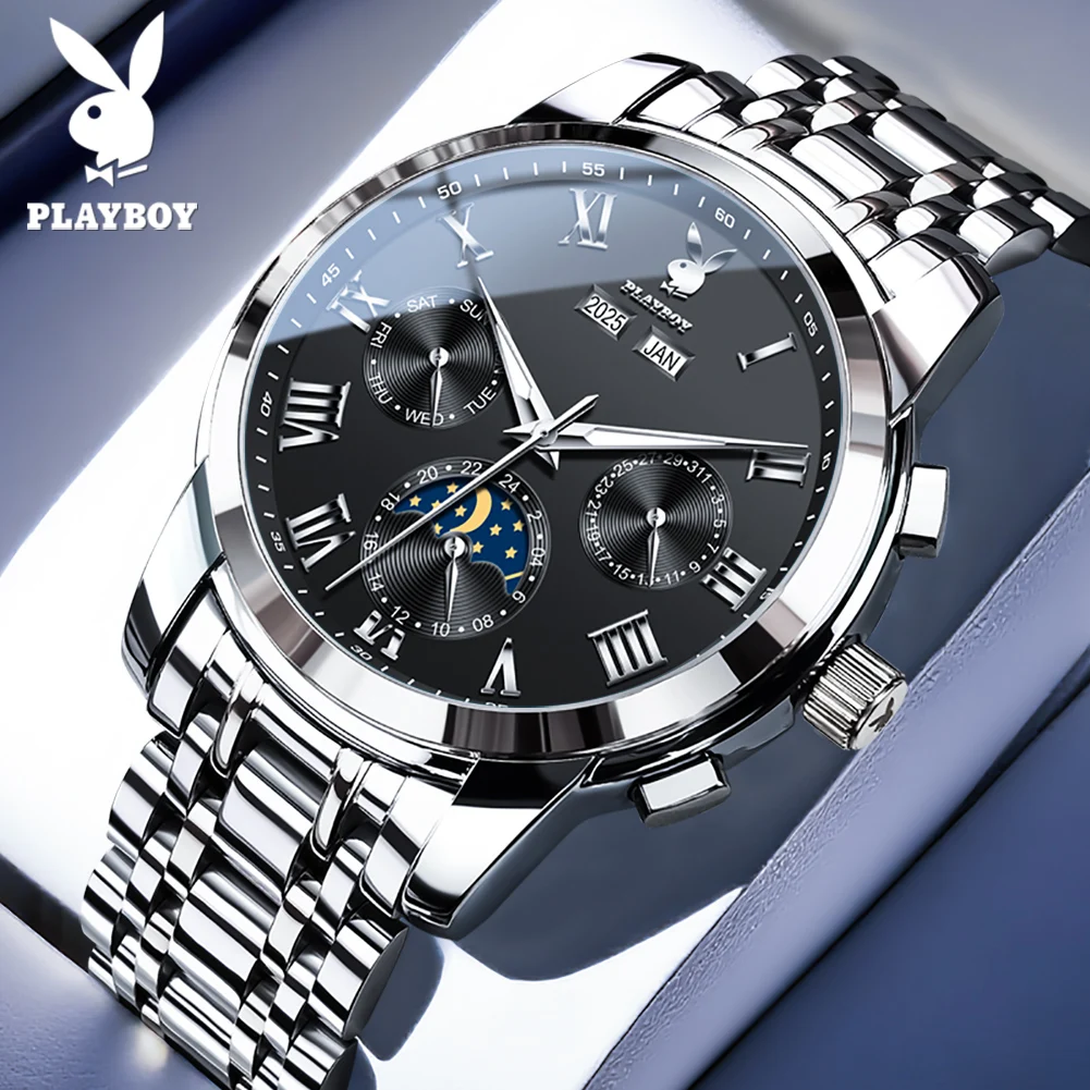 PLAYBOY 3096 Classic Mechanical Movement Watch Multi-function Dial Calendar Window 24-hour Moon Phase Luminous Waterproof Watch