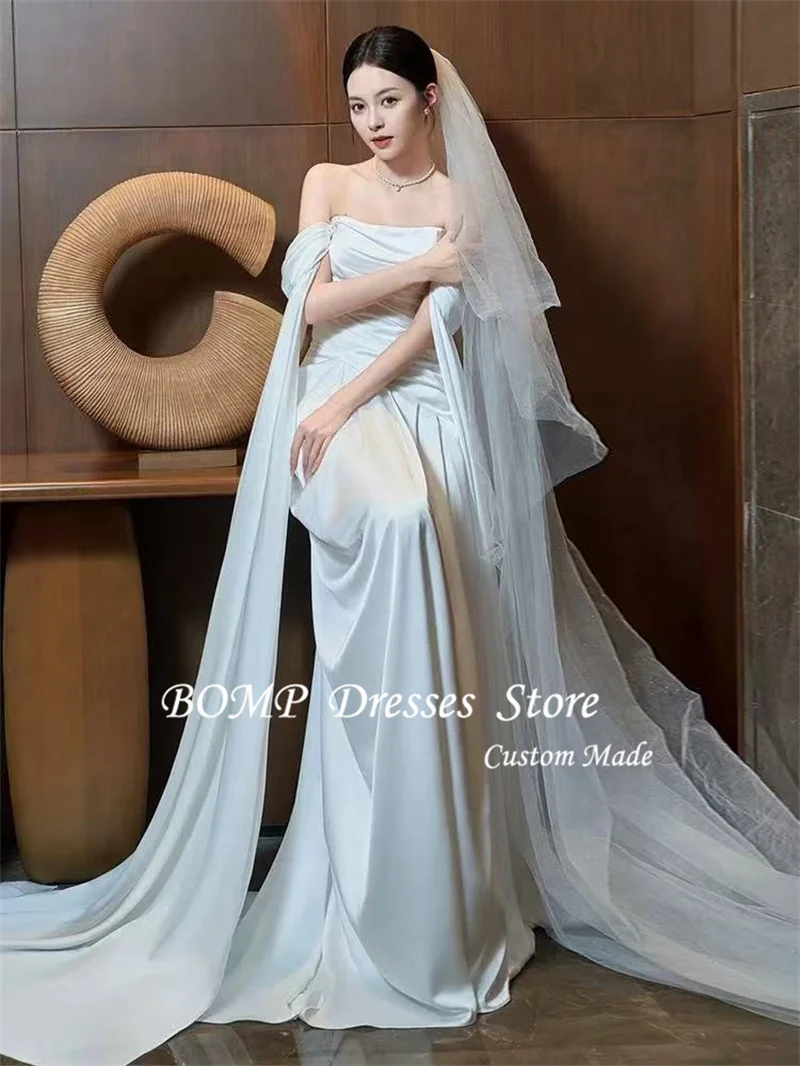 BOMP أنيقة قبالة الكتف الحرير حورية البحر فساتين الزفاف كوريا صورة تبادل لاطلاق النار الأكمام الطابق طول أثواب الزفاف مخصص الحجاب طويل