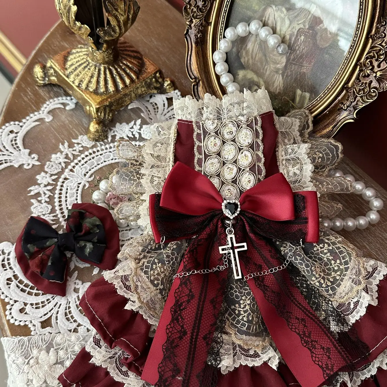 Retro Palace Style Pet Dog Clothes Luxury Handmade Crytal Cross Bow Princess Dresses For Small Medium Dog Poodle outfits puppy